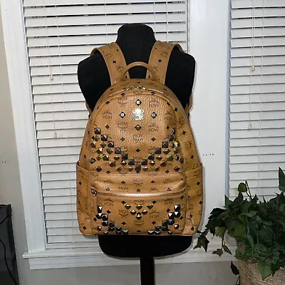 MCM EXTRA LARGE Stark Cognac Brown Leather Studded Backpack • $625