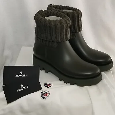 Moncler Ginette Rib-Knit Rain Boots Olive Green Sz 39 NEW WITH BOX &2DUST BAGS  • $299