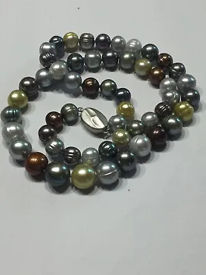 Vtg Dyed Freshwater Pearl Necklace 18”L Greys Copper Silver Yellow 3/8-1/4”diam • $32