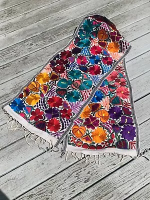 White Floral Mexican Embroidered Table Runner Chiapas Rainbow 96 X16  120 • $99