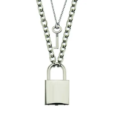 Stainless Steel Chain Necklace Lock Key Pendant Necklace Couple Padlock Necklace • £5.86