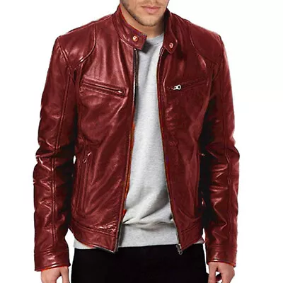 Mens Retro Leather Jacket Motorcycle Stand Collar Biker Coat Zip Up Outwear Tops • $35.60