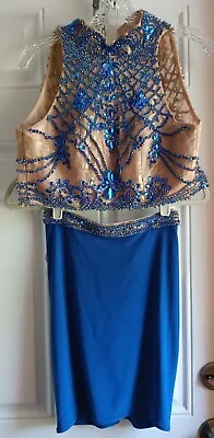 Women's Sherri Hill SZ 2 Blue Short Two Piece Rhinestone Mini Dress Halter Neck • $89