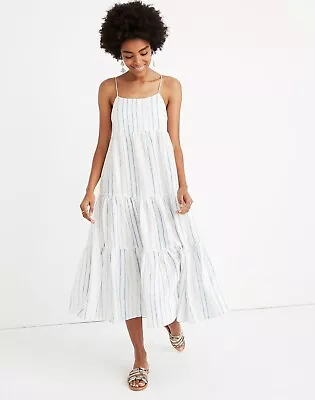 Madewell Cami Tier Midi Dress In Blue & White Stripe 100% Linen Size 4 • $28