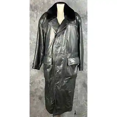 La Matta Mens Long Black Leather Coat W/ Chinchilla ? Lining Aprox Sz L (13343) • $617.49