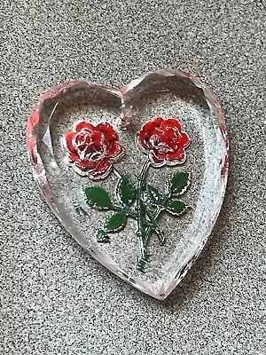 Vintage Reverse Carved Clear Glass Heart W Two Red Roses Valentine’s Day Pendant • $10.55