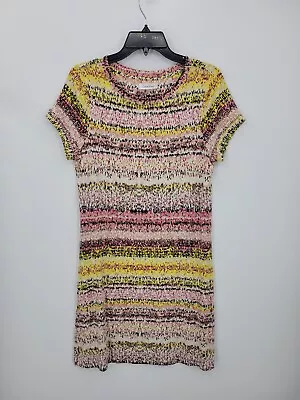 Calvin Klein Dress Womens Medium Pink Yellow Abstract Stripe Sheath Short Sleeve • $19.84