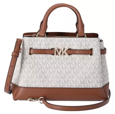 Michael Kors Reed Small Center Zip Logo Belted Satchel Vanilla MK Signature • $99.99