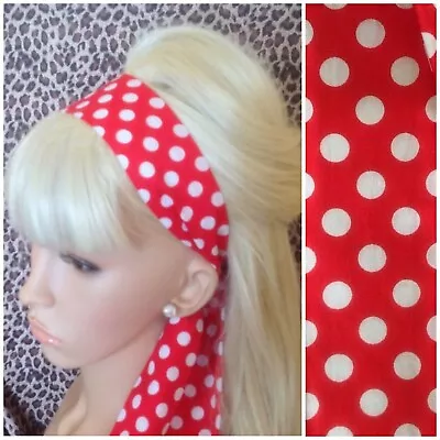 RED WHITE POLKA DOT SPOTTY COTTON HEAD HAIR BAND SCARF SELF TIE BOW 50s RETRO • £4.99