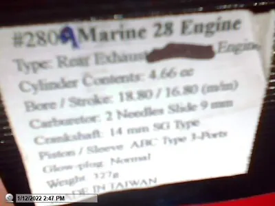 NEW Marine .28 Non Pullstart Nitro Engine Suit STS Part #2809 • £180.76