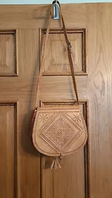 Light Brown Leather Tooled Crossbody Shoulder Saddle Bag Boho  Hippie Festival • £12.95