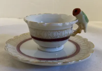 Miniature Small Porcelain Tea Cup Saucer PARROT Bird Handle JAPAN • $7.99