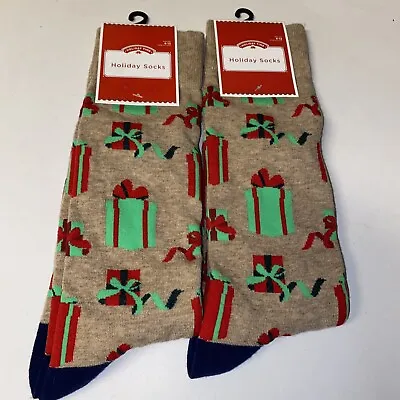 New! Lot Of 2 Holiday Time “Xmas Presents” Mens Mid Calf Socks Size 6-12 Beige • $13.50