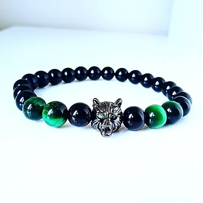 £6.95 • Buy UK Natural Gemstone Black Obsidian Tigers Eye With Wolf Men Beaded Bracelets 