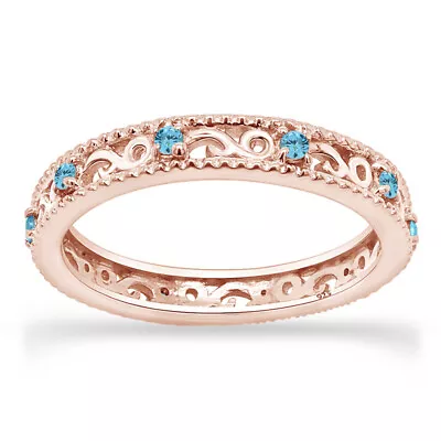 Round Cut Aquamarine Stackable Ring In 14K Rose Gold Plated Silver • $31.85