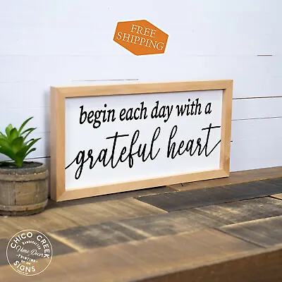 Begin Each Day With A Grateful Heart Sign Framed Wood Decor Love F1-07140001010 • $19.95