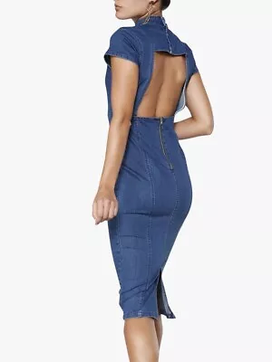 Minkpink Power Trip Stretch Blue Denim Knee Length Backless Keyhole Dress S • £25