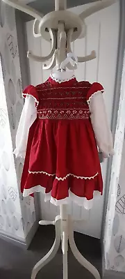 £10 • Buy Vintage 1970s Retro Dress POLLY FLINDERS Size 4T 4 Years Hand Smocked Red White