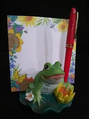 Vintage Resin Frog Memo Pad And Pen Holder With Flowery Memo Pad And Three Pens • $15