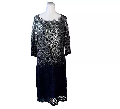 Marina Navy Silver Sparkle Lace Dress Scallop Neckline Size 16 • $27.99