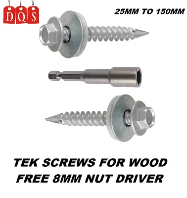 TEK ROOFING SCREWS HEX HEAD WITH SEALING WASHER FOR FIXING TO TIMBER 14g(6.3mmØ) • £7.49