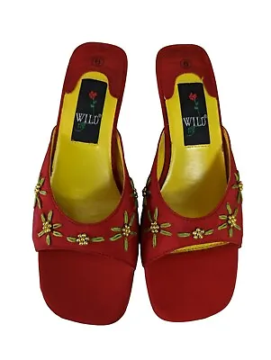 Vintage Womens Wild Rose Red And Yellow 2  Heels Shoes Size 6 Square Pumps Bride • $19.97