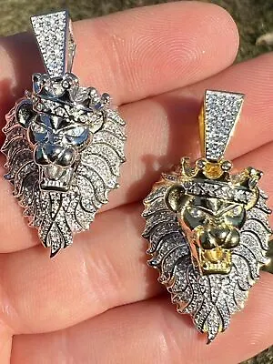 Mens 925 Silver Gold Plated Real Icy CZ Rasta Lion Crown Africa Pendant Necklace • $55.15