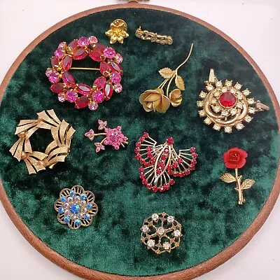 Vintage Estate Lot Of 11 Brooches Red Pink Rhinestone Gold Tone WEARABLE Resell • $15