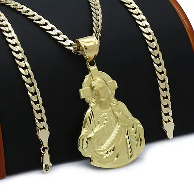 Mens 18k Gold Plated JESUS Hip-Hop Pendant 6mm Cuban Chain Necklace (K-1) • $18.99