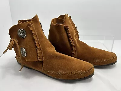 Minnetonka Womens Moccasin Ankle Boots Fringe Rusty Brown Size 10 W/Conchos #54R • $29.94