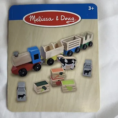 Melissa & Doug Wooden Farm Train Set-3 Linking Cars Crates Milk Cans And Cow • $25