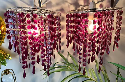 Pair Of Vintage Style Purple Waterfall Crystal Ceiling Pendant Light Shades • £29.99