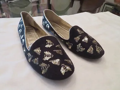 Olivia Miller Black Slides Shoes With Gold Sequined Bumble Bees All Over Size 9 • $15.99