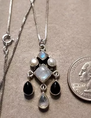 VTG 925 Sterling Silver Genuine Moonstone-Pearl-Black Onyx Pendant/Necklace-18  • $22.95