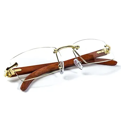 Vintage Rimless Wood Gold Frame Retro Hip Hop Mens Clear Lens Glasses  • $15.99