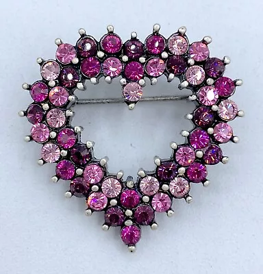 E1-1673 Vintage Brooch Pewter Pin 1.25  Rhinestone Pink Heart Valentine's Day • $4.99