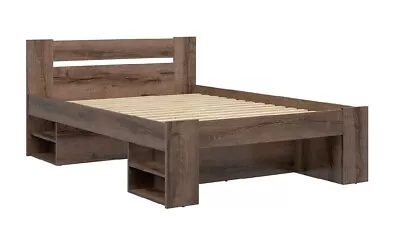 King Size Bed Euro 160cm Frame Headboard Storage Wood Slats Dark Oak Finish Nepo • £349.95