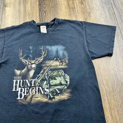 Vintage Deer Shirt Mens L Black Buck Hunting The Hunt Begins Wildlife Sportsman • $22.46