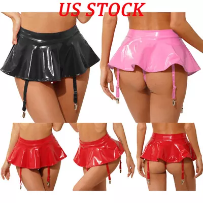 US Womens Faux Leather Wet Look Mini Skirts Ruffle Party Skirts W/Garter Belt • $7.99