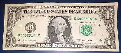 FANCY SERIALS 2017 Cleveland ZEROs 0s ZEROs $1 One Dollar Bill S/N D 60029100 C • $2.65