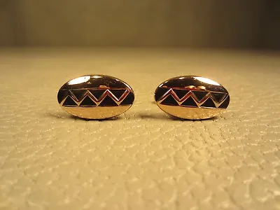 Vintage Mid Century Modern Black Enamel Zig Zag Yellow Gold Plated Cuff Links • $14.75