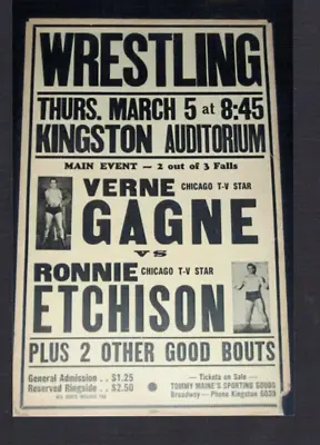 VINTAGE OLD 1953 WRESTLING POSTER VERNE GAGNE Vs RONNIE RON ETCHISON Kingston NY • $800