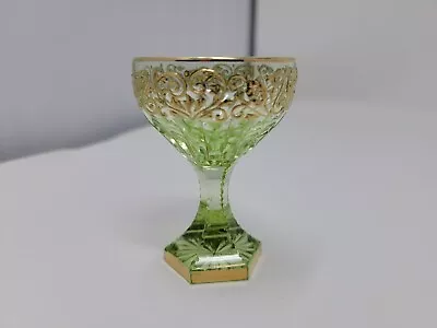 Moser Type Bohemian Light Green Hand Blown Cut Glass Cordial With Raised Gold  • $150