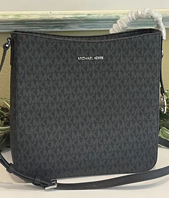 Michael Kors Womens Messenger Crossbody Shoulder Bag Mk Black Signature Silver • $87.99