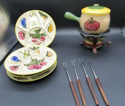 Vtg MCM Pottery Fondue Set Divided Plates Hand Painted Unique Set Of 4 Complete • $128