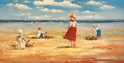 Children Playing On The Beach Original Oil Painting By N. Knox 120 X 60 Cm • $269.99