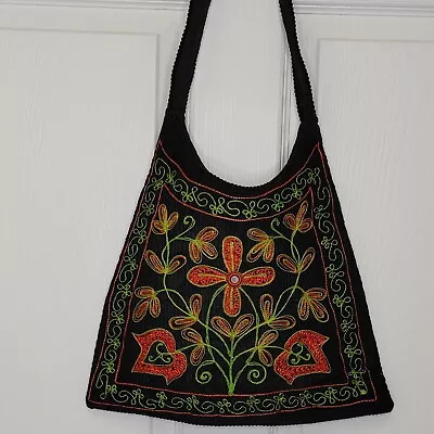 Corduroy Embroidered Purse Made In Nepal Shoulder Bag Floral Bohemian • $28.99