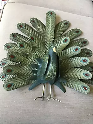 Green PEACOCK Tin Metal Bird Decorative Outdoors  Indoors Rare  17-1/2” TALL • $14