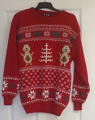 Christmas Jumper Mens Size Large Reindeer  Snowflake Tree Red Sweater • £7