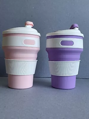 2x 350ML Collapsible Portable Silicone Coffee Mug 1 Lilac + 1 Pink Post From UK • £5